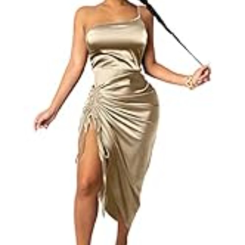 Champagne Satin Dress, Spaghetti strap, drawstring ruched- Lg by CTU
